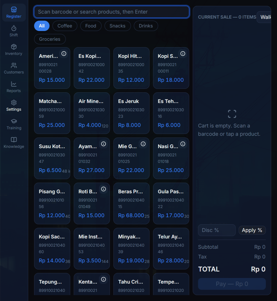 Kaseer register: product grid with search and cart